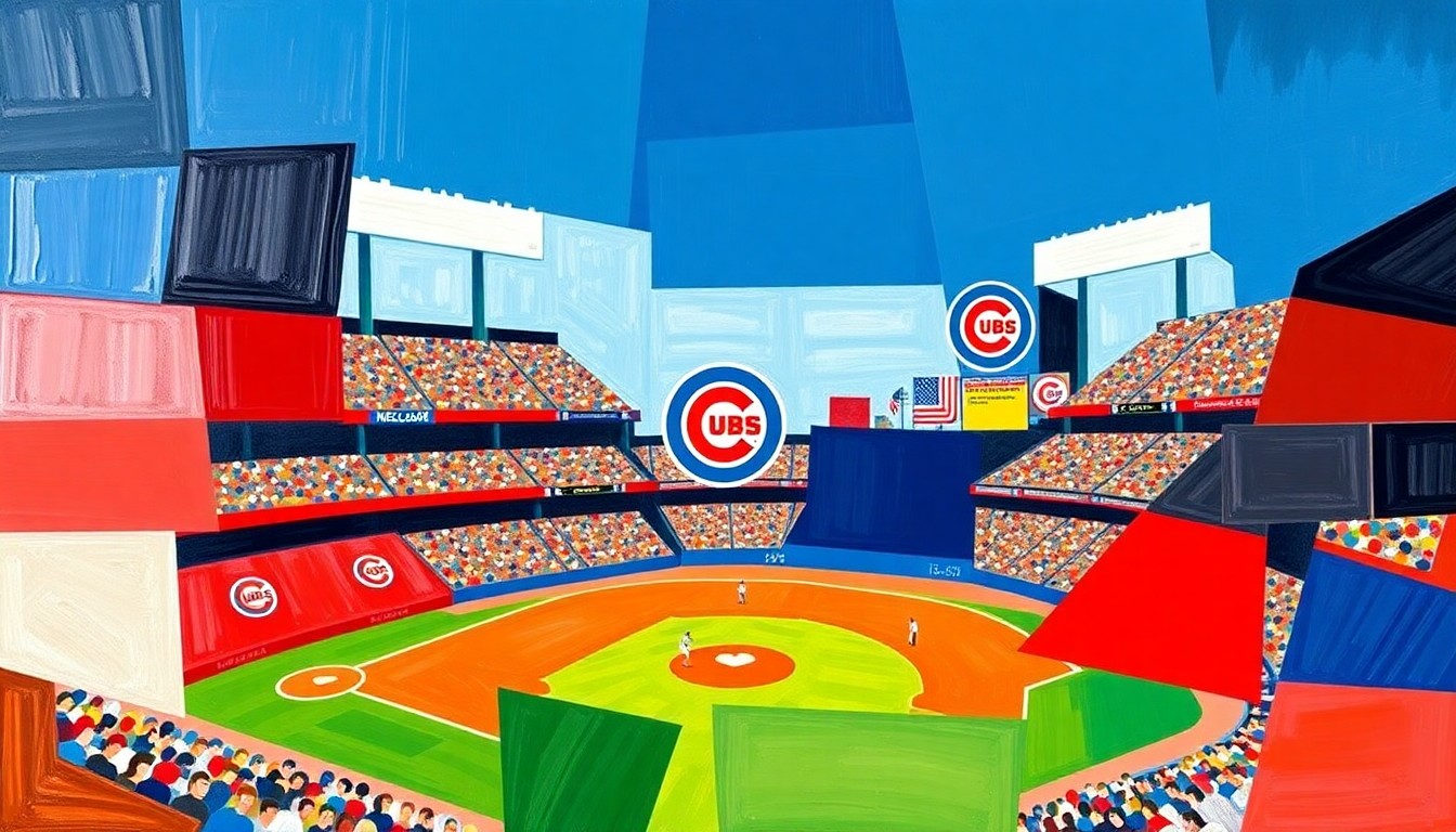 A cubist-style painting featuring overlapping geometric shapes and planes in the Chicago Cubs' team colors of navy blue, red, and white, capturing the energy and excitement of a baseball game or match.