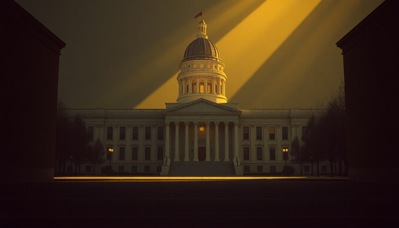 A photorealistic painting of the Wisconsin state capitol building, with the grand dome and columns bathed in warm, golden light from the side, casting long shadows across the scene. The building stands alone, with no people or other objects visible, creating a sense of solemnity and contemplation.