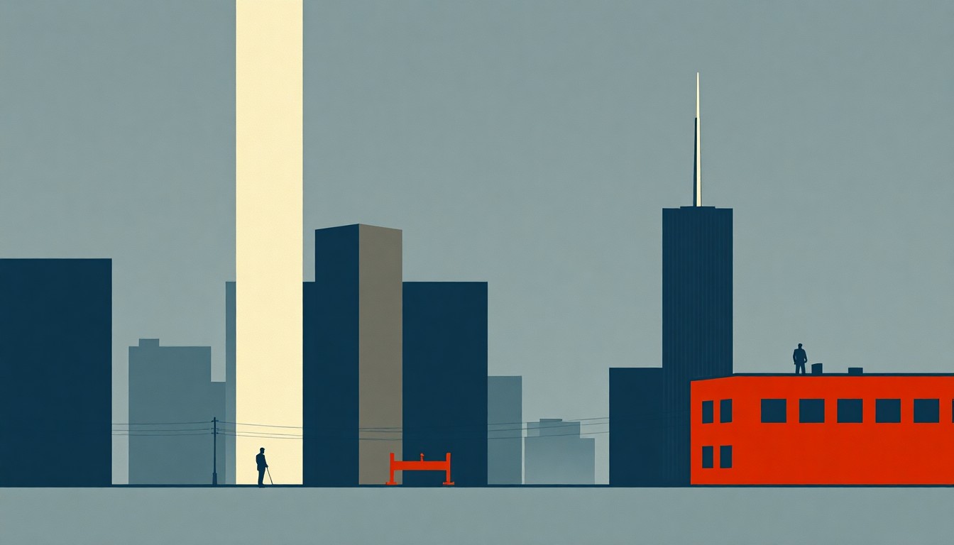 A minimalist illustration featuring overlapping geometric shapes in shades of blue, grey, and red, conceptually representing the economic challenges and inequities faced by New Yorkers.