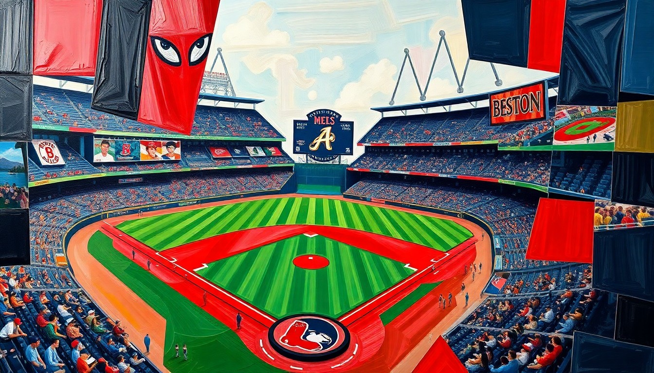 A fractured, geometric painting depicting a baseball game between the Boston Red Sox and Milwaukee Brewers, with sharp planes of red, blue, and green representing the players and action on the field.
