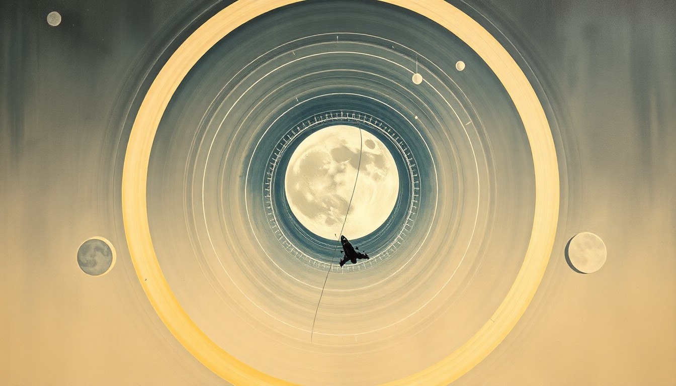 A bold, abstract painting in soft earth tones featuring sweeping geometric arcs, concentric circles, and precise celestial spirals, conceptually representing the Orion spacecraft's journey around the moon.