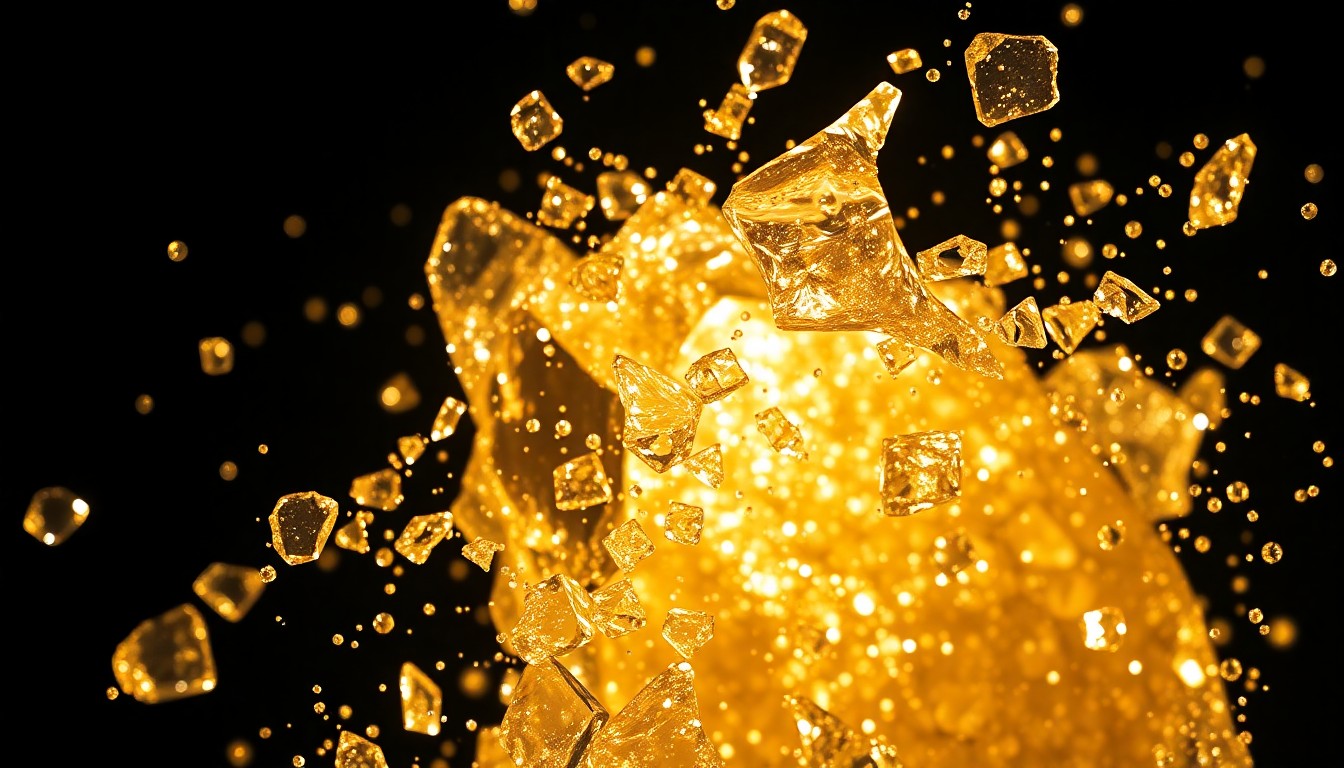 An extreme close-up of shattered glass reflecting dramatic studio lighting, conceptually representing the luxurious, high-fashion aesthetic of the new Galia Lahav x A.N. Other Citrine Veil fragrance.