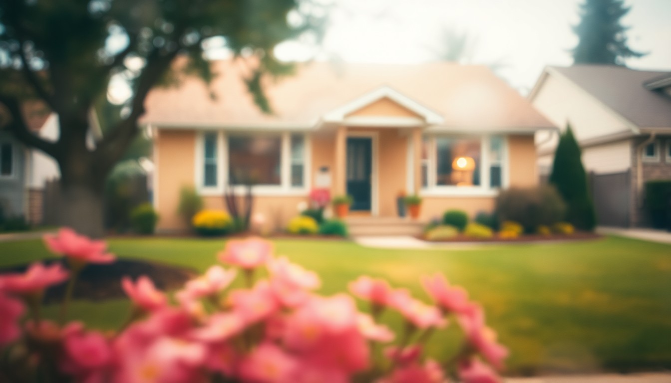 An extremely blurred, impressionistic photograph of a suburban home exterior with a lush green lawn and colorful flowers in the foreground, conveying a sense of warmth and domesticity.