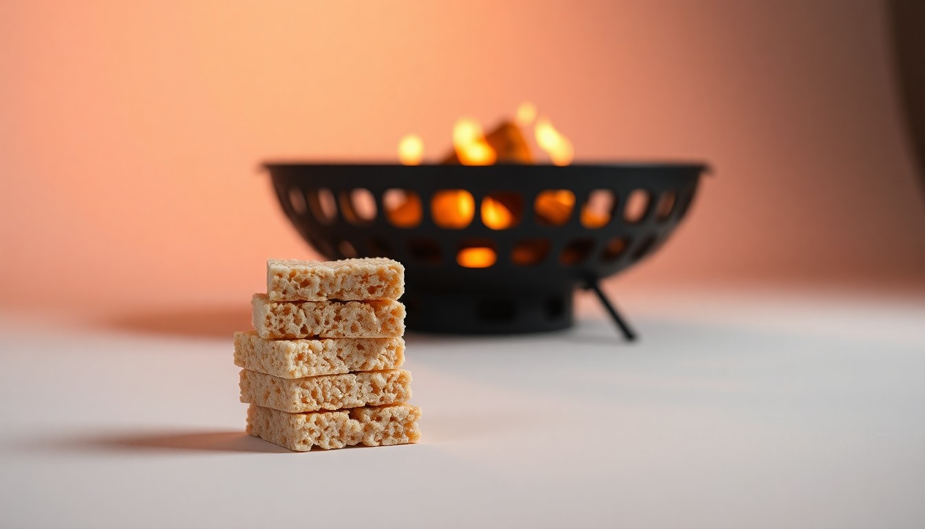 A high-end, photorealistic studio still-life photograph featuring a stack of Rice Krispies Treats bars resting on a clean, monochromatic background, with a Solo Stove Smokeless Fire Pit in the background casting a warm, inviting glow. The objects are arranged elegantly, using sharp, dramatic studio lighting and deep shadows to represent the abstract concept of an elevated, modern-day campfire experience.