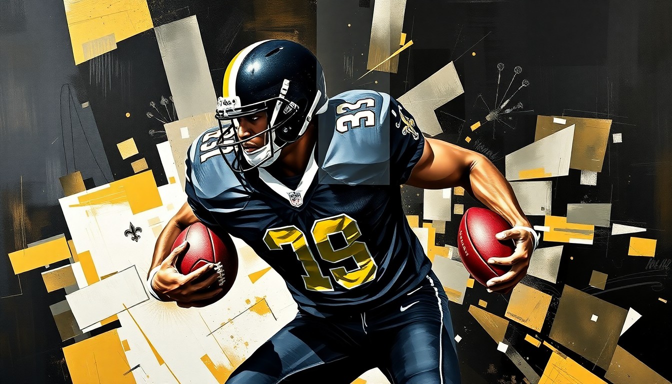 A fragmented, geometric painting depicting the dynamic movements of a football player rushing the passer, with sharp planes of black, gold, and white colors representing the New Orleans Saints' team palette.