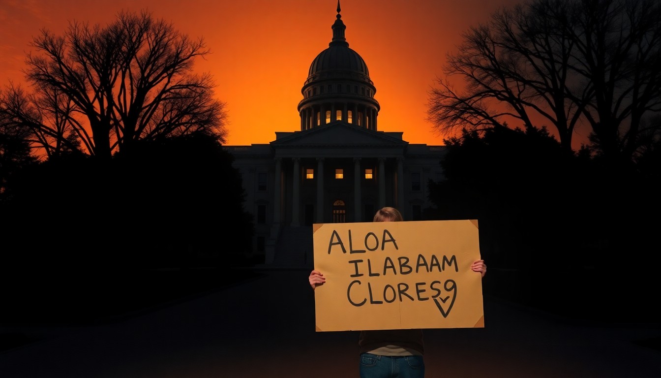 A detailed oil painting depicting a lone protester holding a handmade sign in front of a government building, with the scene bathed in warm, dramatic lighting and shadows, conveying a sense of quiet contemplation and unresolved tensions.