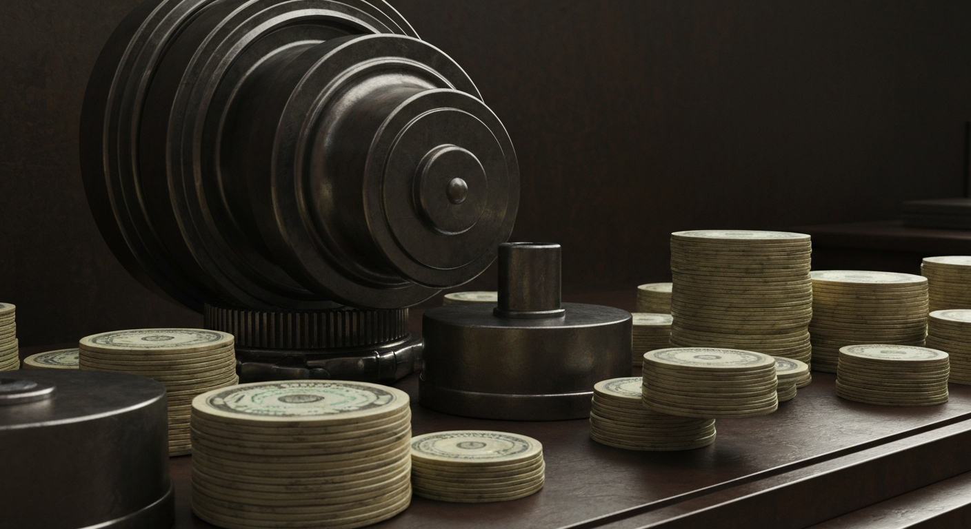 An extreme close-up of various banking machinery and equipment, capturing the heavy, industrial nature of the financial sector in a visually striking manner.