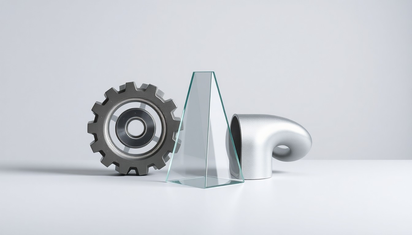 A photorealistic studio still life featuring a polished metal gear, glass prism, and aluminum pipe fitting arranged elegantly on a clean, monochromatic background, symbolizing the abstract concepts of infrastructure, engineering, and construction.