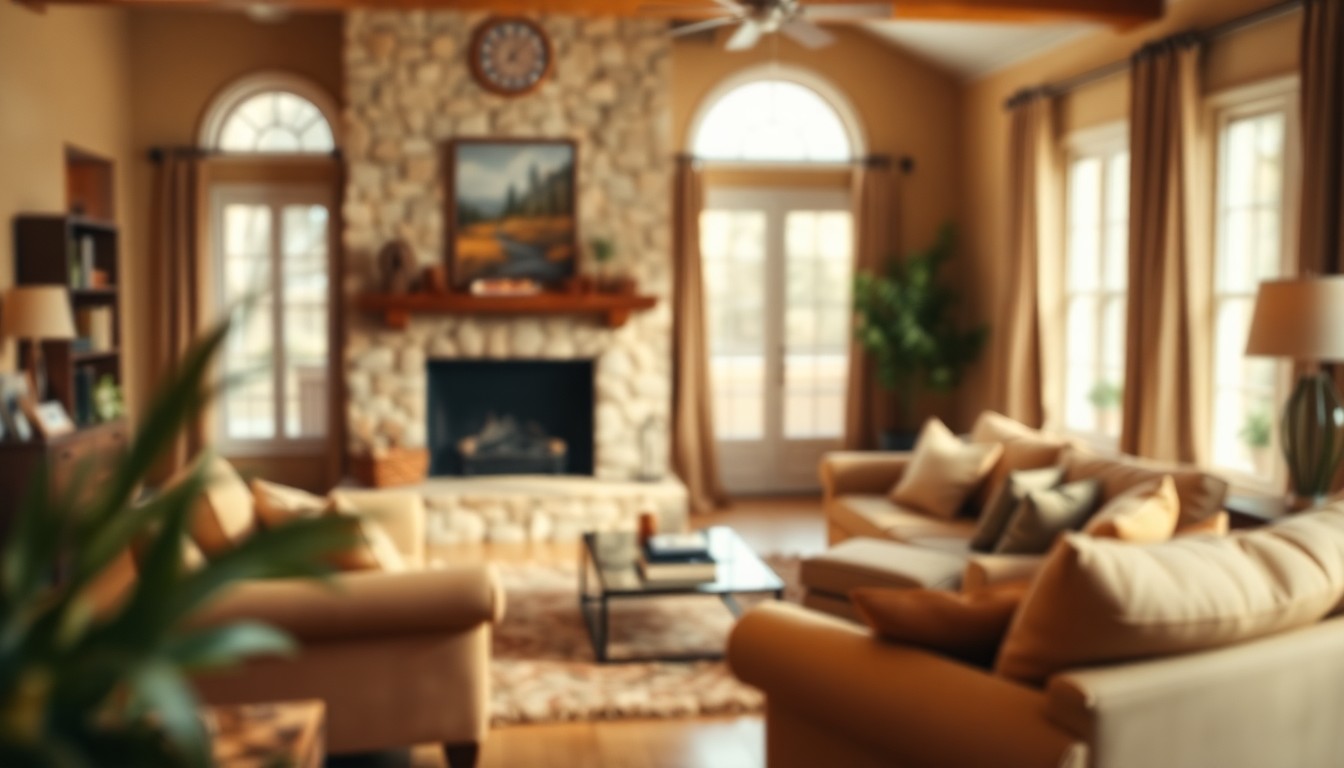 A softly blurred, impressionistic photograph in warm, earthy tones depicting the cozy, inviting ambiance of a well-appointed living room with a fireplace, plush furniture, and natural light filtering through windows.