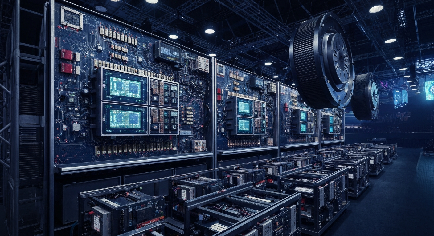 An extreme close-up of the complex, interconnected machinery and circuitry that powers the audiovisual systems of a large-scale entertainment venue, conveying the technical sophistication behind Sphere Entertainment's innovative approach.