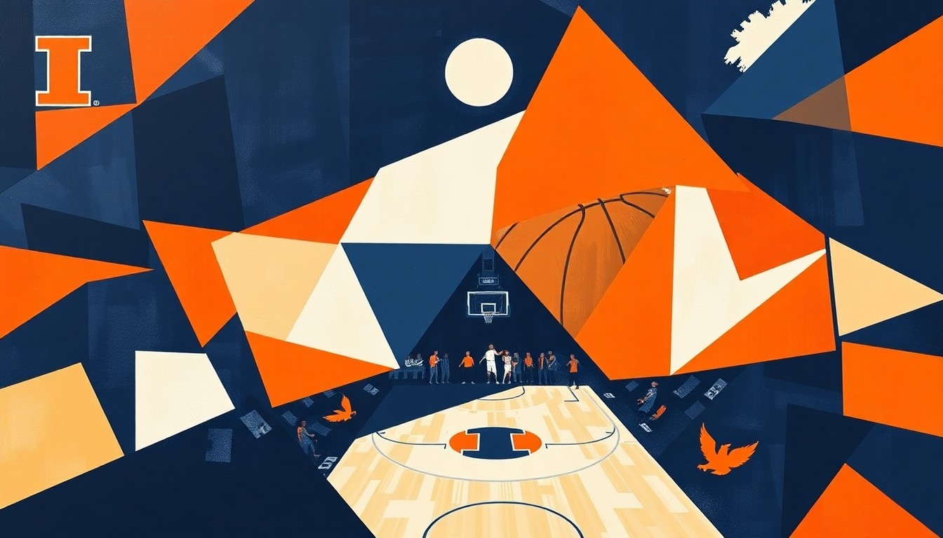 A cubist-style painting featuring overlapping geometric shapes in navy blue, orange, and white, conceptually representing the fragmented nature of a basketball game and the roster challenges facing the Illinois program.
