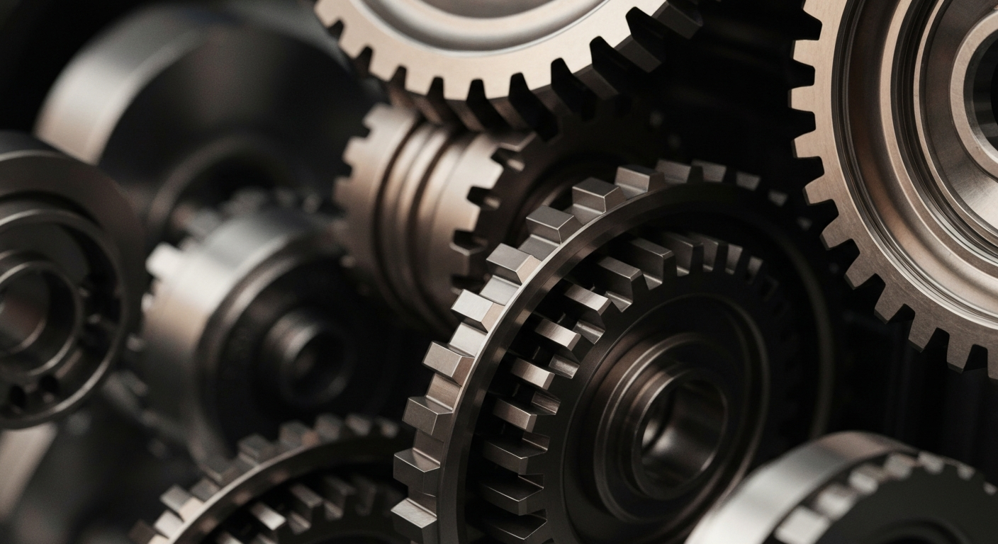 An extreme close-up of intricate, interlocking metal gears and machinery in shades of grey, bronze, and black, conveying the industrial might and engineering prowess of Cummins' engine technology.