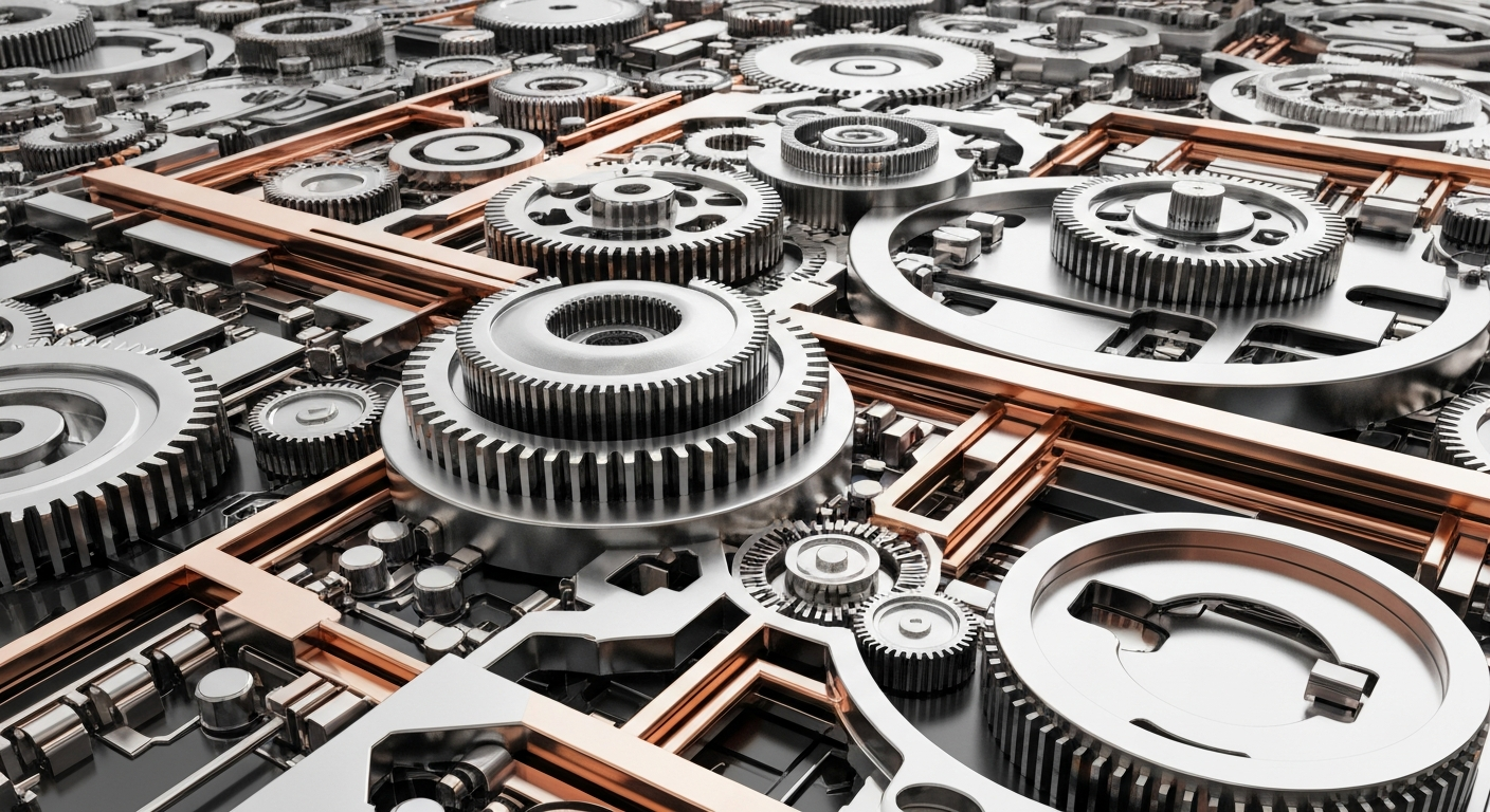 An extreme close-up of highly detailed, interlocking metal gears and circuits in shades of silver, copper, and black, conveying the complex, industrial nature of semiconductor manufacturing without using any text or identifiable objects.