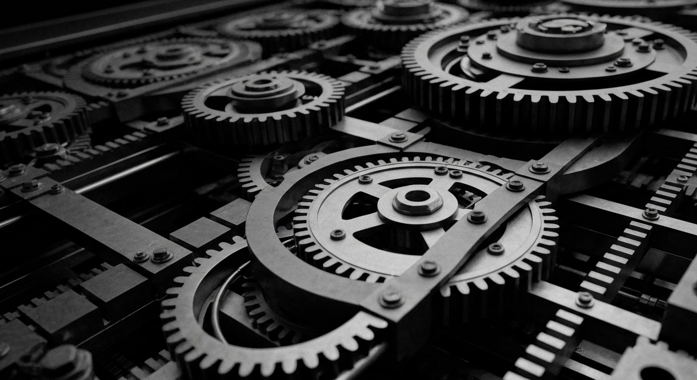 A high-contrast, close-up photograph of the complex inner workings of a financial trading platform, conveying the industrial strength and technological sophistication that underpins global markets.