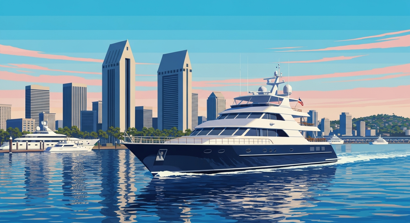 A bold, geometric illustration depicting the sweeping scale and sleek design of a luxury yacht cruising through the San Diego harbor, with the city skyline in the background, conceptually representing the premium maritime experience offered by Adventure Cruises San Diego.