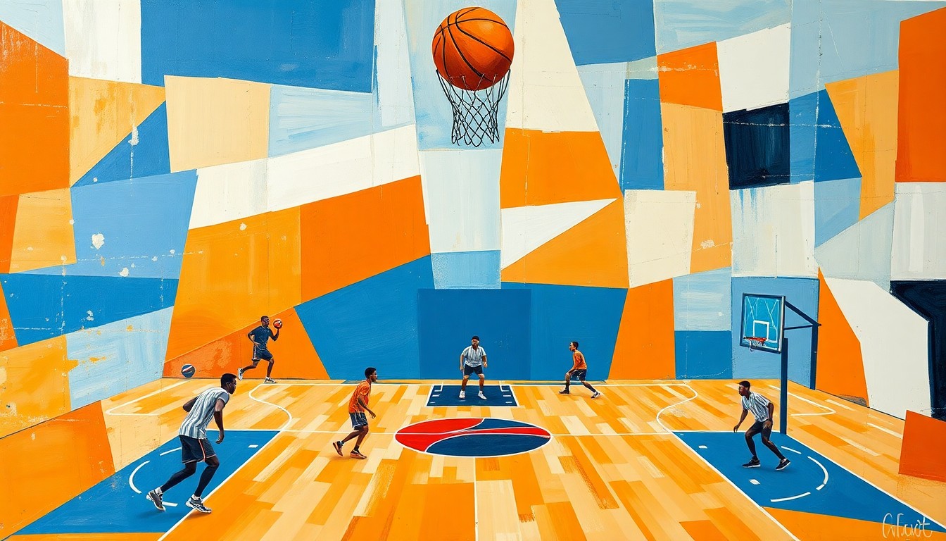 A fragmented, geometric painting in shades of orange, blue, and white, capturing the dynamic motion and multiple perspectives of a basketball practice or game scene.