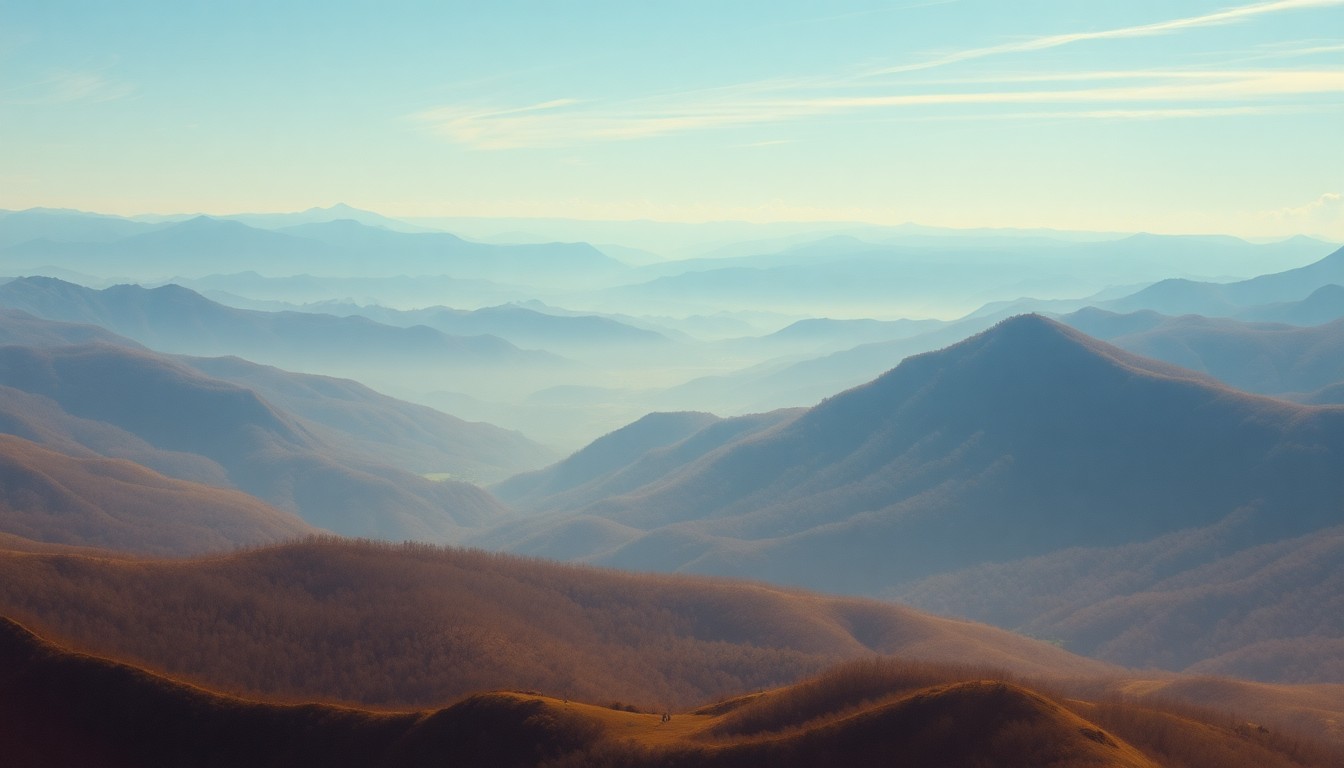 A sweeping, atmospheric landscape painting in muted tones of blue, green, and gold, depicting the vast, majestic scale of the South Carolina Upstate under a clear, sunny sky. The scene conveys a sense of tranquility and the overwhelming power of nature, with distant mountains and rolling hills dwarfing any small structures or objects in the foreground.