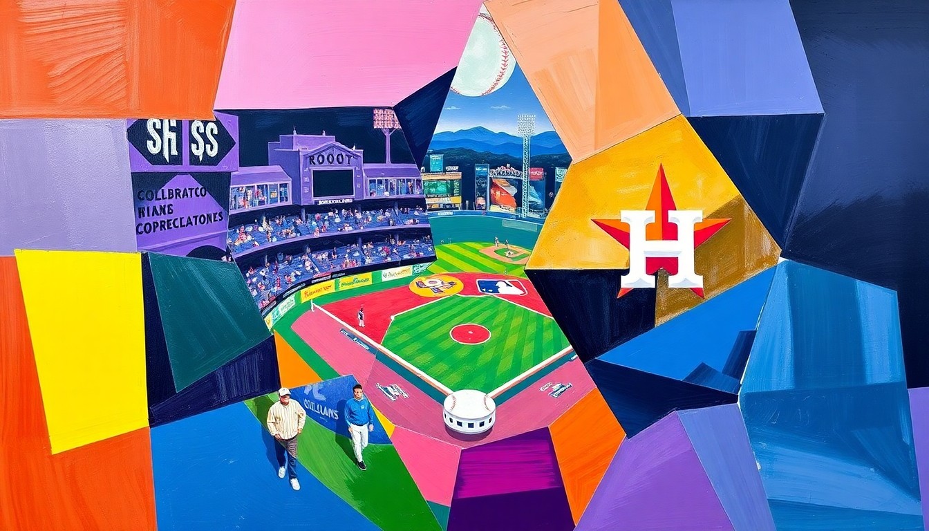 A cubist, geometric painting depicting a baseball game between the Colorado Rockies and Houston Astros, with the players and field fragmented into sharp, overlapping planes of color.