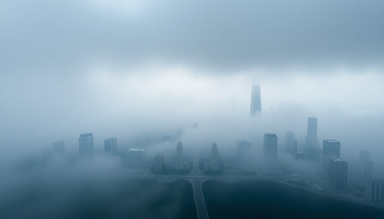A sweeping, majestic landscape painting depicting the Chicago skyline shrouded in a heavy, atmospheric fog, with the city's landmarks barely visible against the overwhelming scale of the natural environment.