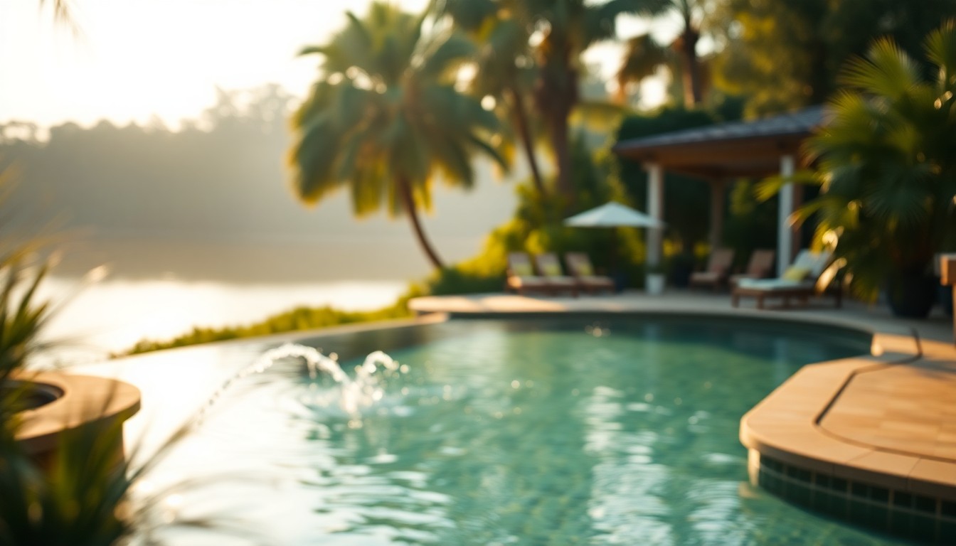 An extremely abstracted, out-of-focus photograph of a lakefront backyard with a shimmering pool, lush greenery, and warm, hazy light, conceptually representing the luxurious outdoor living spaces of a high-end Weston, Florida estate.