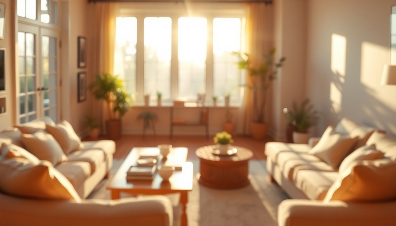 An extremely abstracted, out-of-focus photograph of a cozy living room filled with soft, warm light, conceptually representing the everyday comfort and relaxation of a well-designed home.