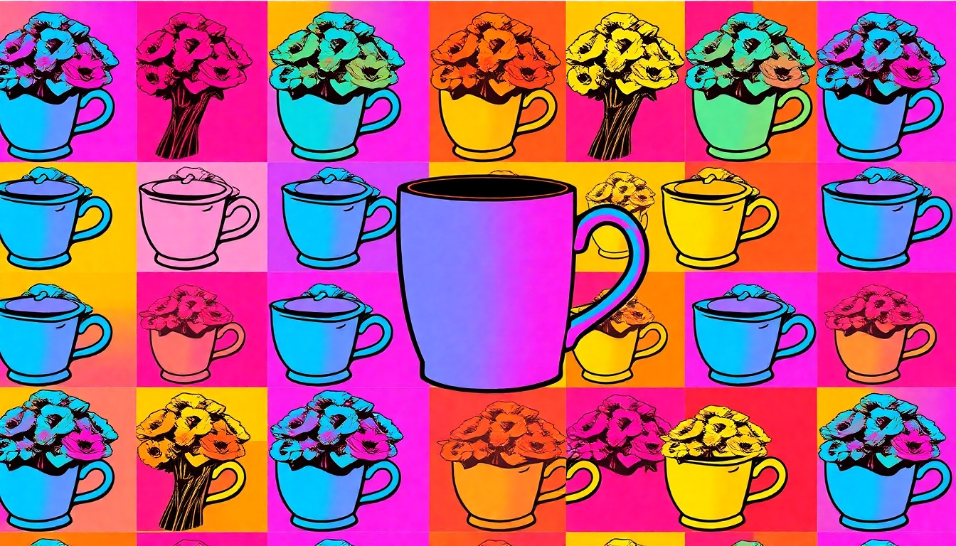 A grid of brightly colored, high-contrast silkscreen images of a single iconic Mother's Day object, conceptually representing the joy and creativity of shared family meals and cooking traditions.