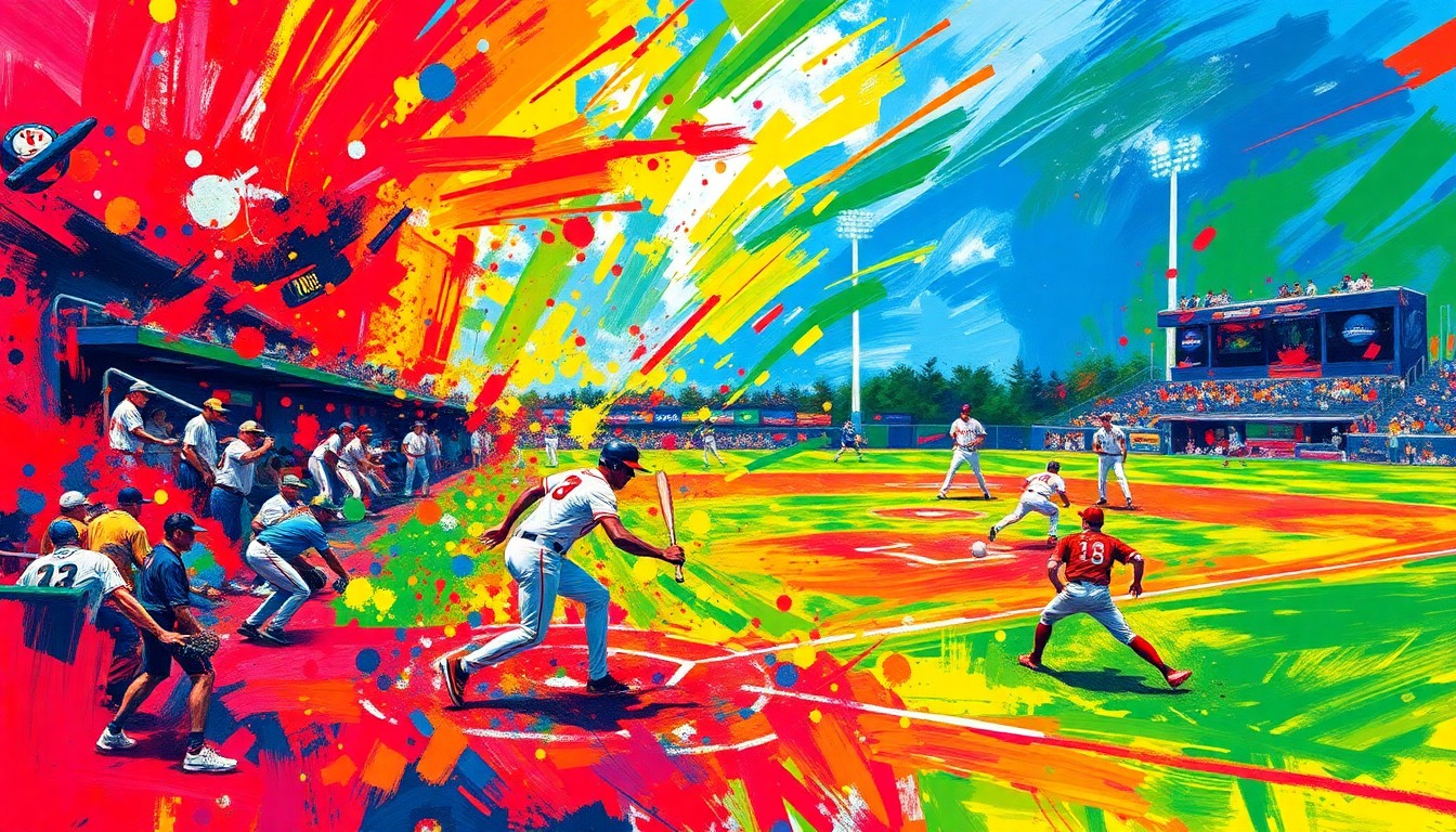 An abstract, expressionist painting in vibrant neon colors, capturing the dynamic energy and movement of a baseball game with players and the field dissolving into colorful brushstrokes.