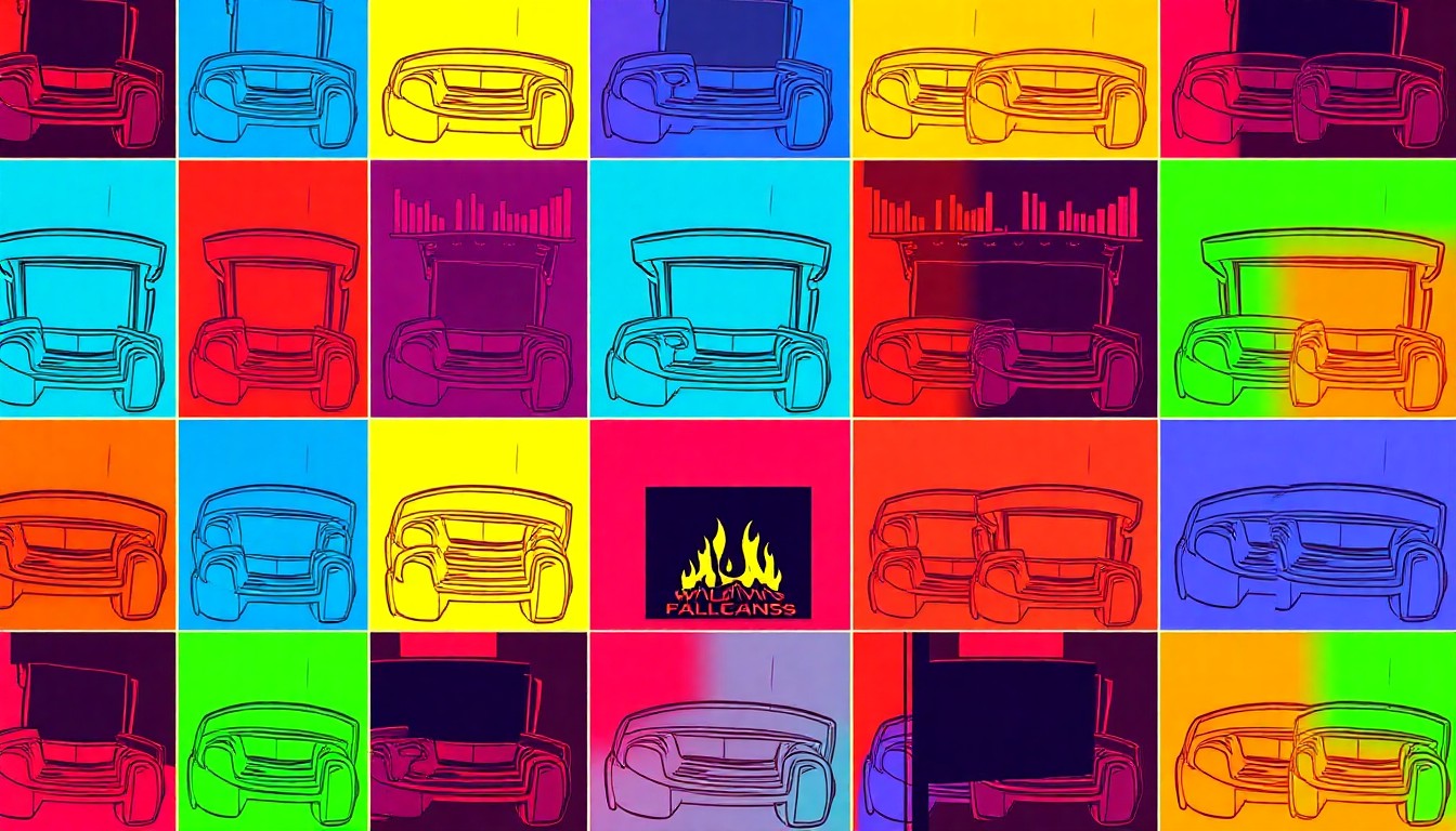 A brightly colored, high-contrast silkscreen print of a luxury outdoor patio with a fireplace, seating, and landscaping, repeated in a tight grid pattern to capture the essence of modern luxury living.