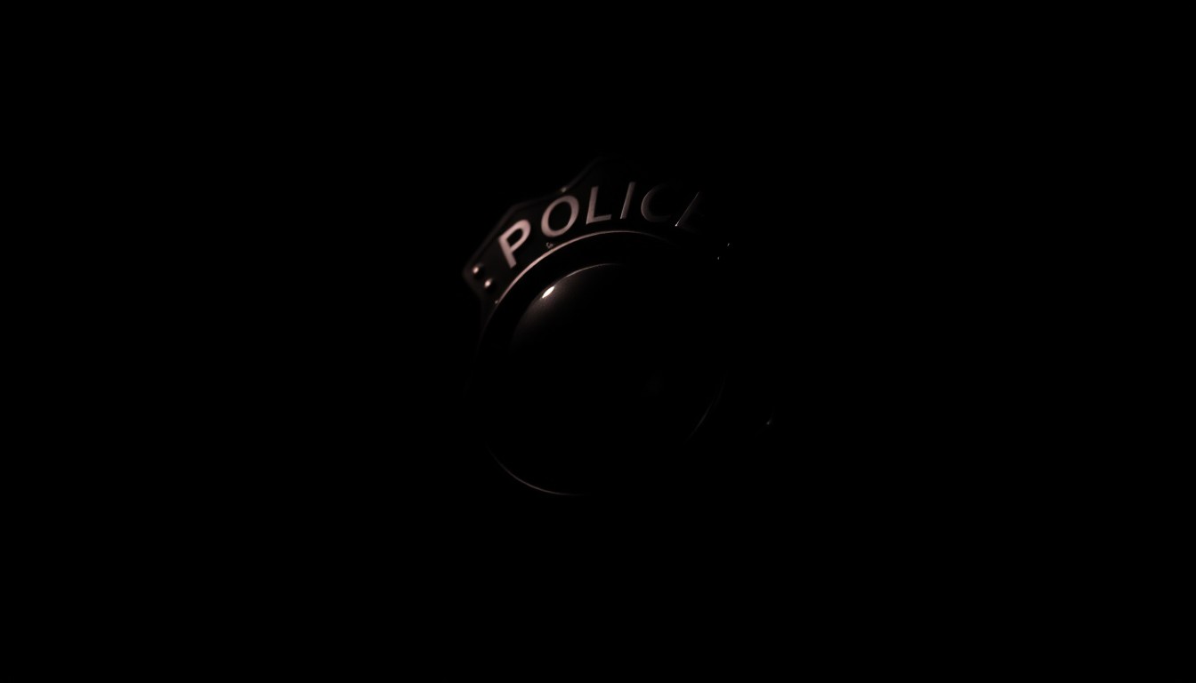An extreme close-up photograph of a shiny metal police badge, its surface reflecting a harsh, direct camera flash against a pitch-black background, creating a stark, gritty, investigative aesthetic.