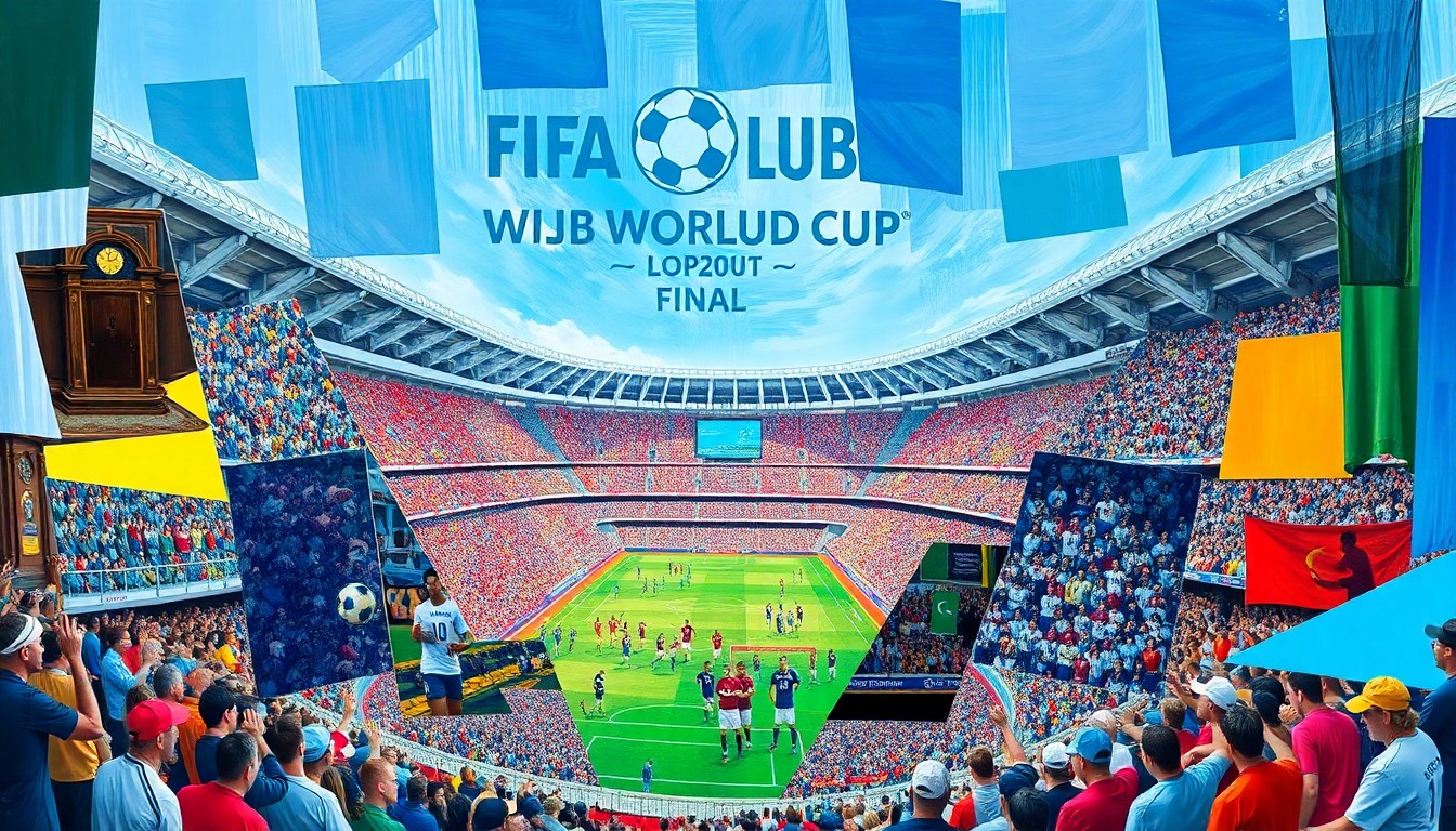 A cubist, geometric painting depicting the FIFA Club World Cup final at MetLife Stadium, with fragmented, overlapping planes of soccer players, fans, and stadium architecture in vibrant team colors.