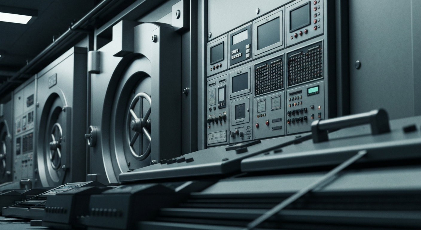A close-up image of industrial banking equipment and machinery, representing the secure and technologically advanced nature of Merchants Bancorp's operations.