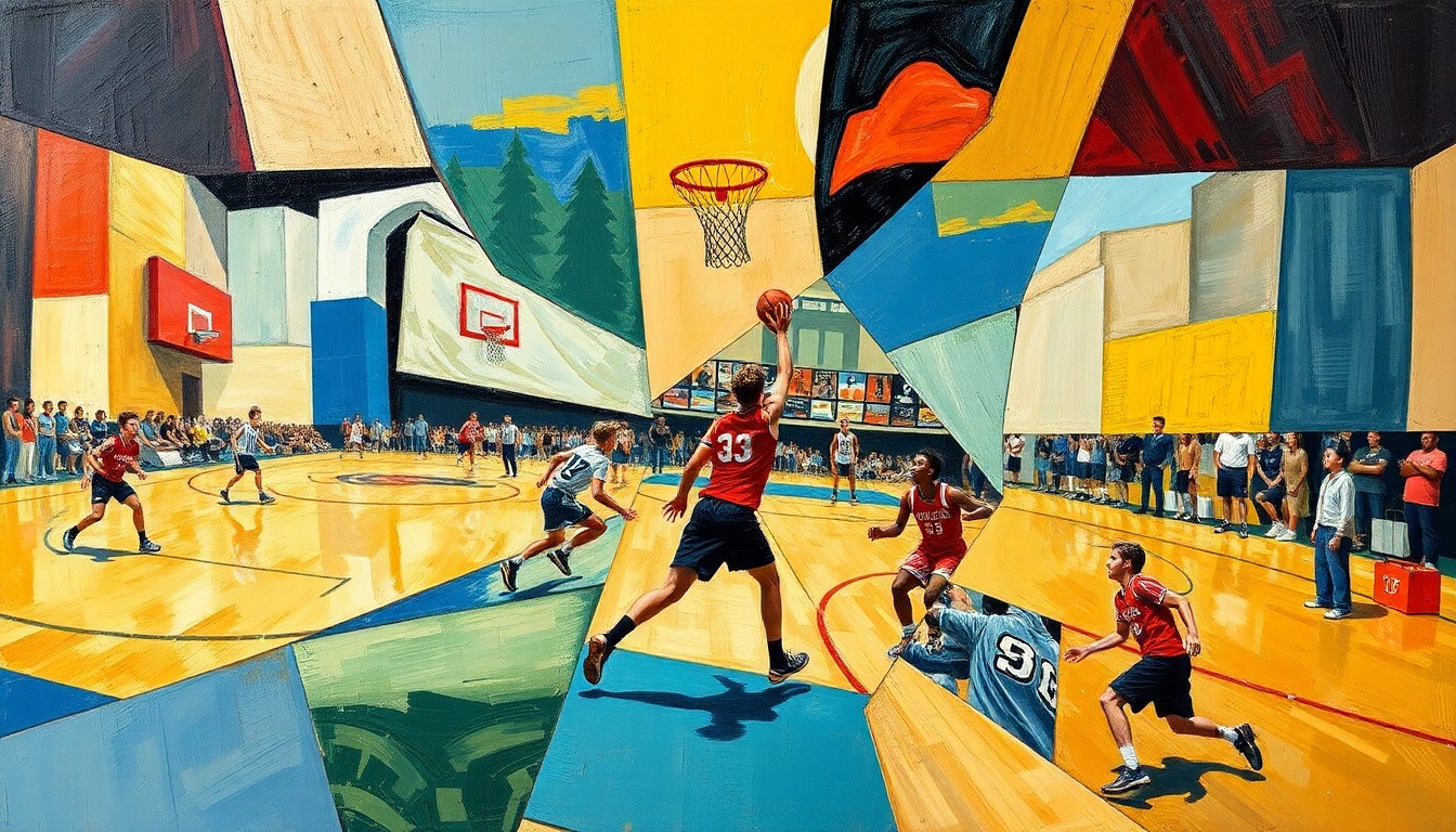 A fragmented, geometric painting depicting various high school sports actions and competitions, rendered in a Cubist style with sharp, overlapping shapes and planes of color.