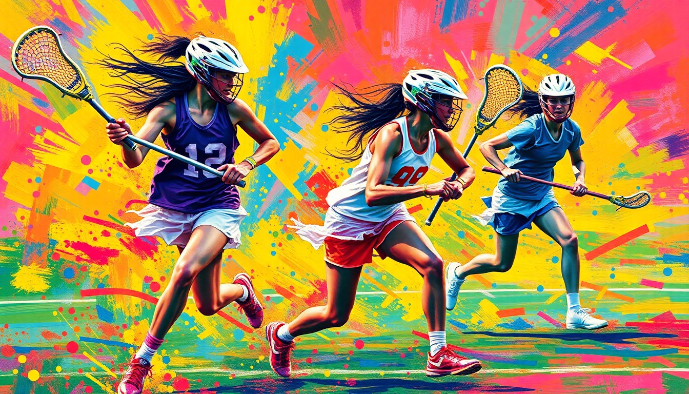 An abstract, expressionist painting in vibrant neon colors, capturing the dynamic motion and raw energy of a girls lacrosse game through rapid, dissolving brushstrokes.