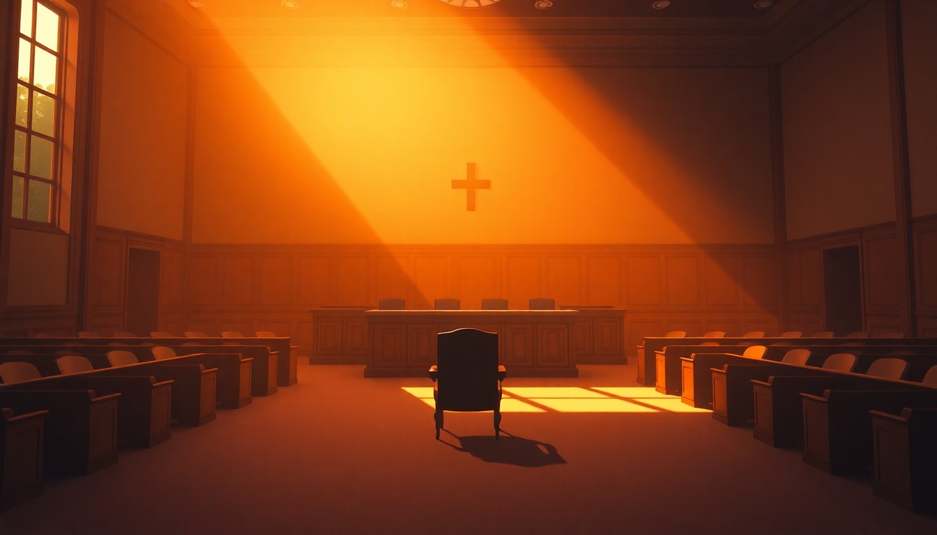 A serene, cinematic painting depicting an empty county council chamber, with a single chair at the center of the frame bathed in warm, diagonal sunlight and deep shadows, conveying a sense of anticipation and change.