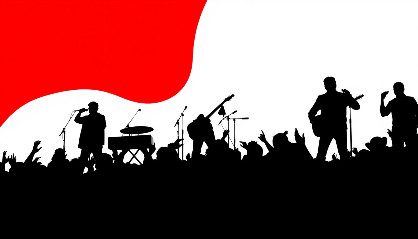 A minimalist, abstract illustration featuring black silhouettes of musicians and concertgoers against a vibrant red and white background, conceptually representing the energy and community of the new Levitt AMP Tallahassee music series.