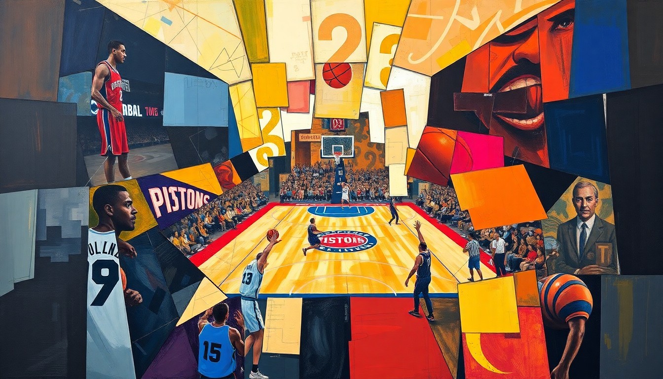 A cubist, geometric painting depicting a basketball game between two teams, with the players and court broken down into overlapping, angular shapes and planes in a vibrant color palette, capturing the intensity and energy of the matchup.