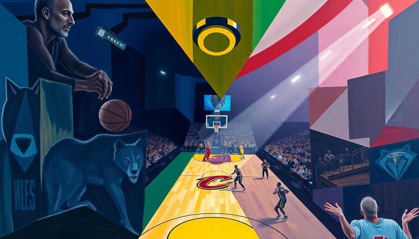 A fractured, geometric painting in bold colors captures the dynamic energy of a basketball game, with players' movements and the court's action expressed through sharp, overlapping shapes and planes.