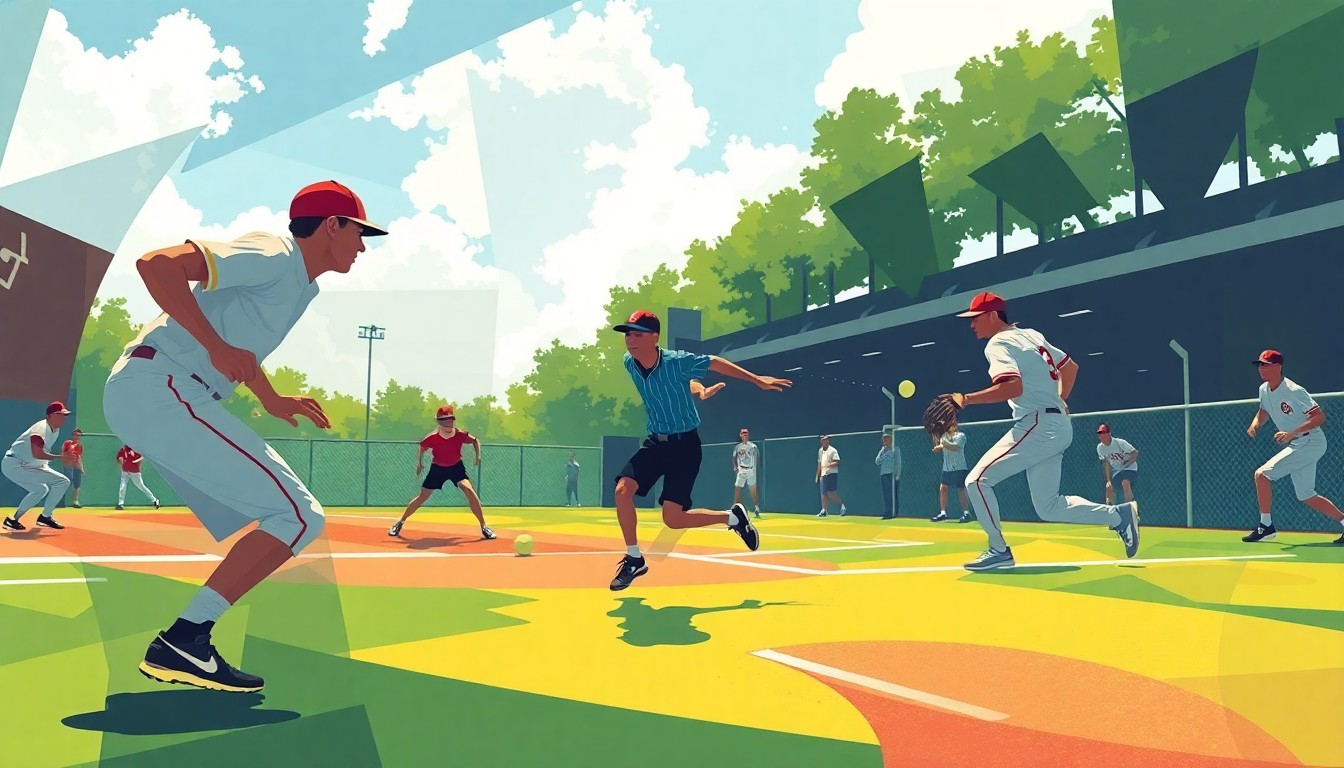 A fractured, multi-perspective painting in the style of Pablo Picasso, breaking down a softball game into sharp, overlapping geometric planes that convey the raw energy and competitive action of the sport.