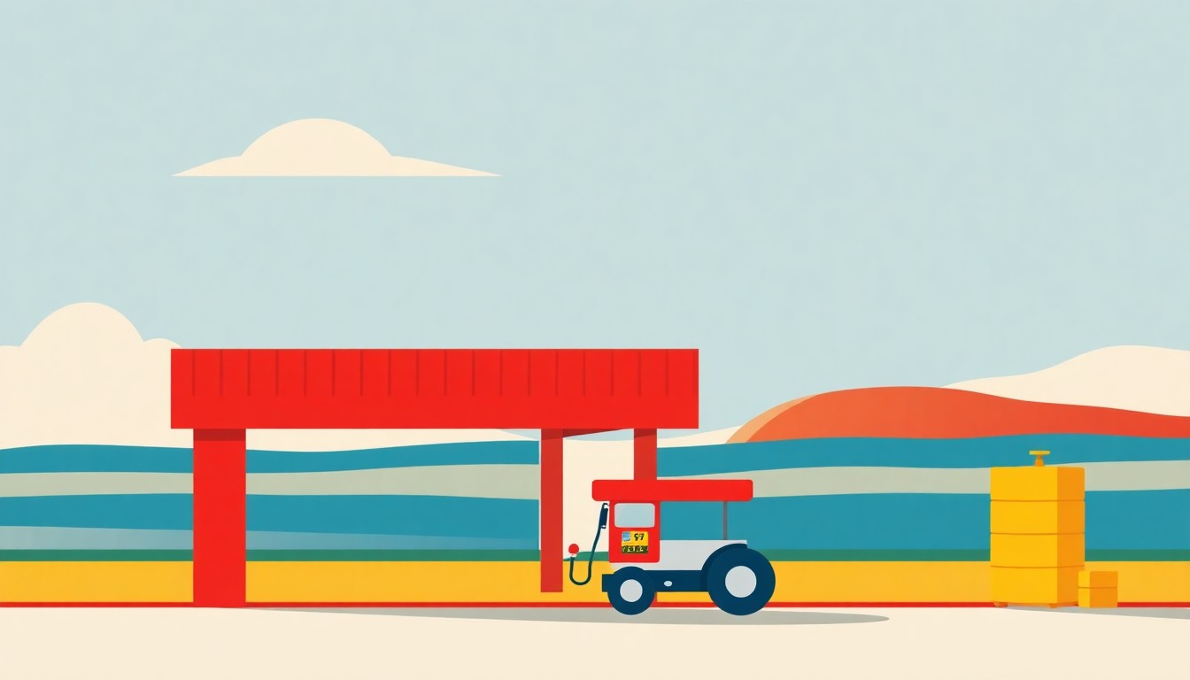 A composition of overlapping triangles and rectangles in shades of blue, green, and red, conceptually representing the financial pressures facing the farming industry due to rising fuel costs.