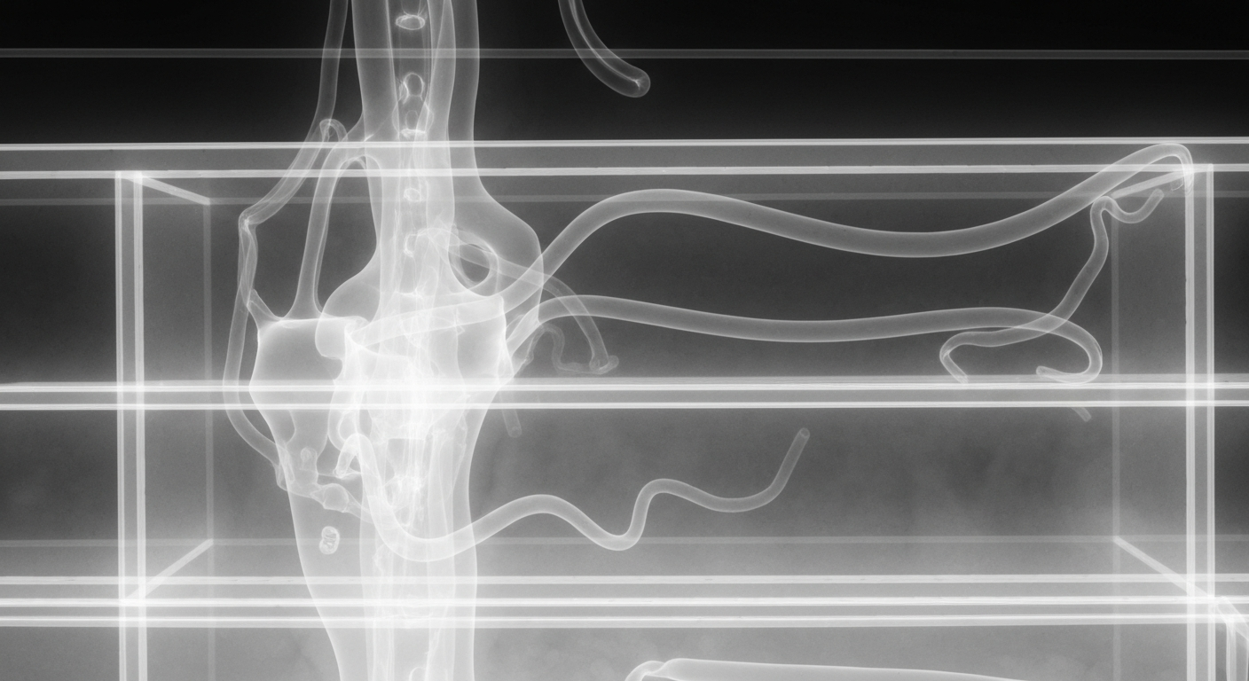 A translucent, ghostly X-ray image revealing the internal structures and contaminants on a restaurant kitchen countertop, conceptually illustrating the unseen health hazards uncovered by a health department inspection.
