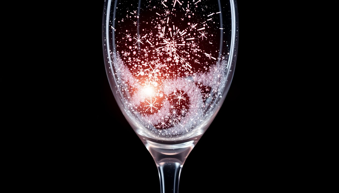 An abstract close-up photograph of a crystal wine glass, its facets refracting light in a dramatic, high-contrast studio setting, conceptually representing the glamour and sophistication of a high-end performance venue.