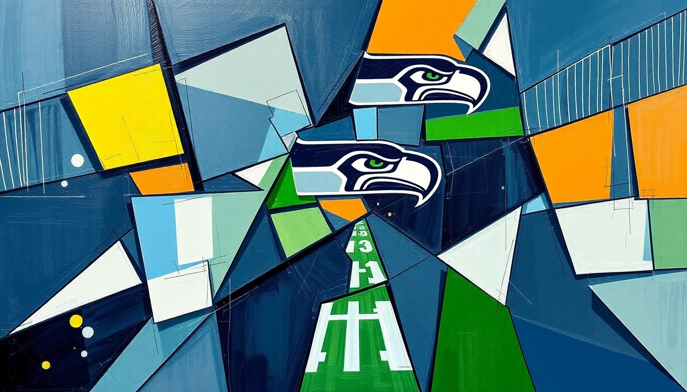 A cubist, geometric painting depicting the various elements of the Seattle Seahawks' roster construction, including players, coaches, and front office personnel, all fractured and overlapping to convey the complexity of building a winning team.