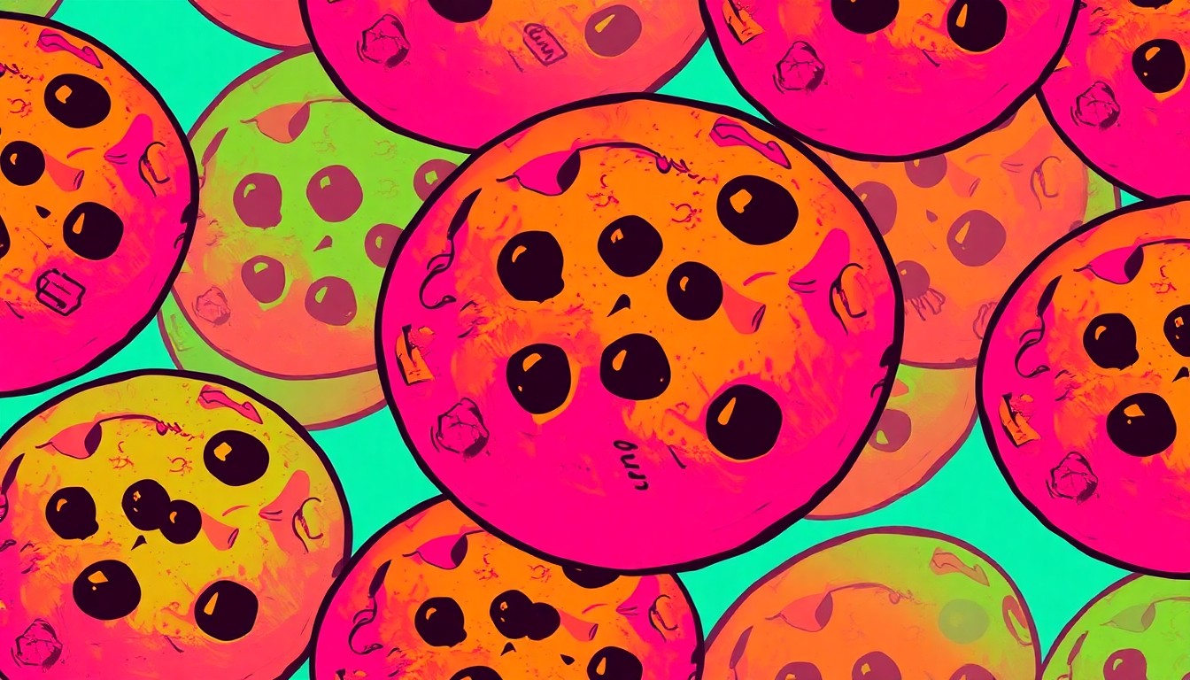 A vibrant, high-contrast silkscreen print of a single Insomnia Cookies chocolate chip cookie repeated in a grid, conceptually representing the brand's arrival in Pensacola as a new late-night indulgence option.