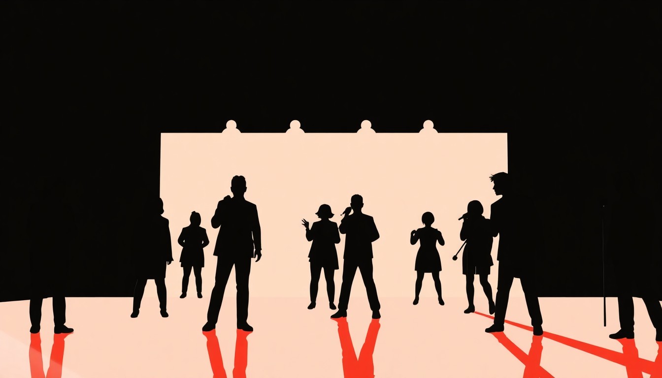 An abstract, minimalist illustration using bold black shapes and high-contrast colors to conceptually represent the drama and energy of a singing competition show.