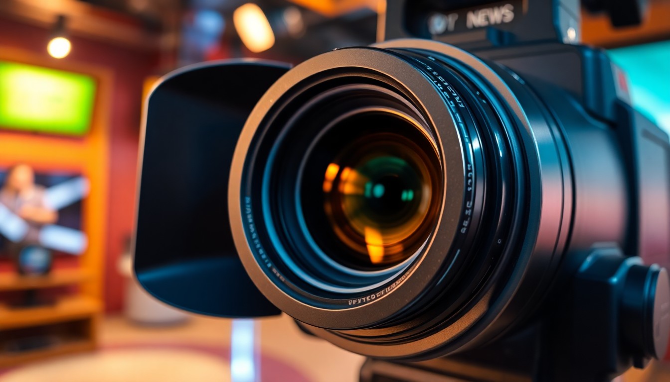An abstract close-up photograph of a highly reflective television camera lens, capturing the bright studio lights in a dramatic, high-contrast composition that evokes the glamour and intensity of the local TV news industry.