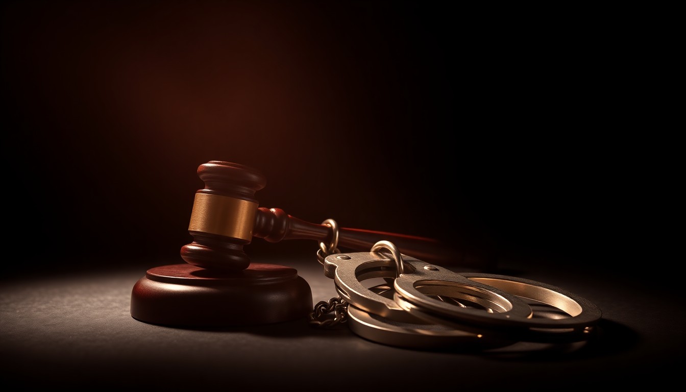An extreme close-up of a gavel and handcuffs against a pitch-black background, conceptually illustrating the criminal justice system and the importance of clearing case backlogs.