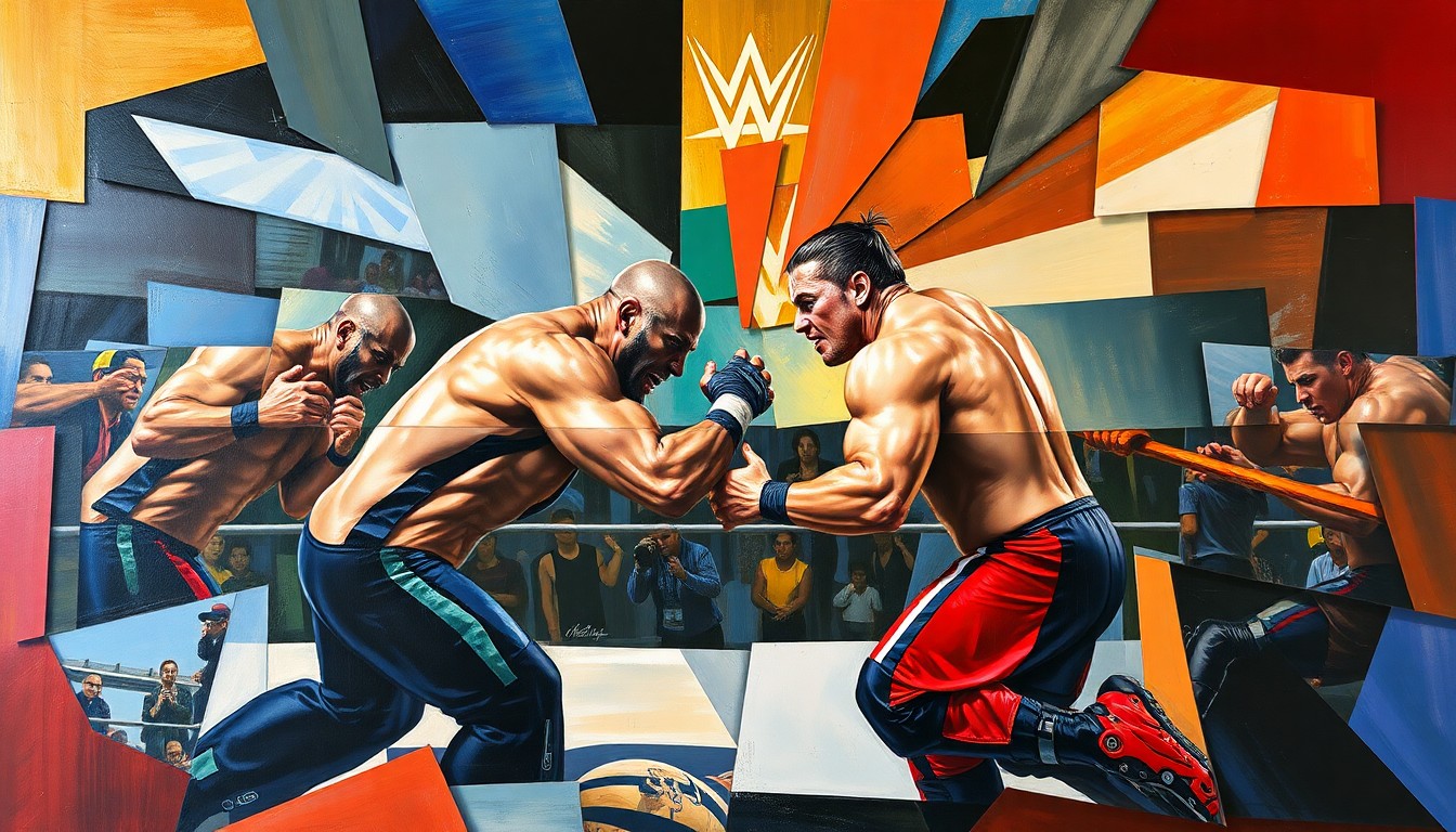 A cubist, geometric painting depicting a chaotic wrestling scene with overlapping planes of color and abstracted figures, conveying the intensity and danger of the situation.