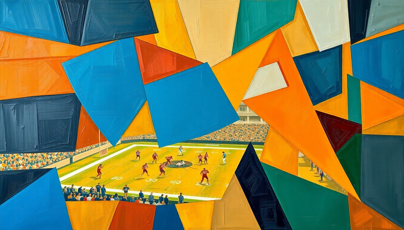 A cubist, geometric painting depicting a fragmented college football game, with sharp, overlapping planes of color representing the complex and shifting dynamics of the NCAA's amateurism model.