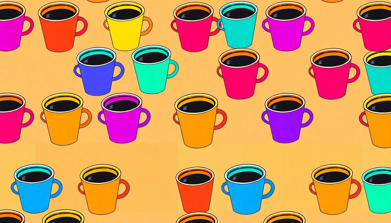 A highly stylized, abstract illustration of a coffee cup repeated in a grid pattern, using bold, neon-like colors and heavy black outlines to create a modern pop art effect, conceptually representing the iconic status of Likewise Coffee in the Knoxville community.