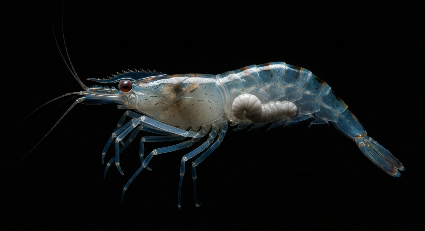 An extreme close-up X-ray image revealing the translucent internal structure of a shrimp, conceptually illustrating food safety issues uncovered by health inspections.